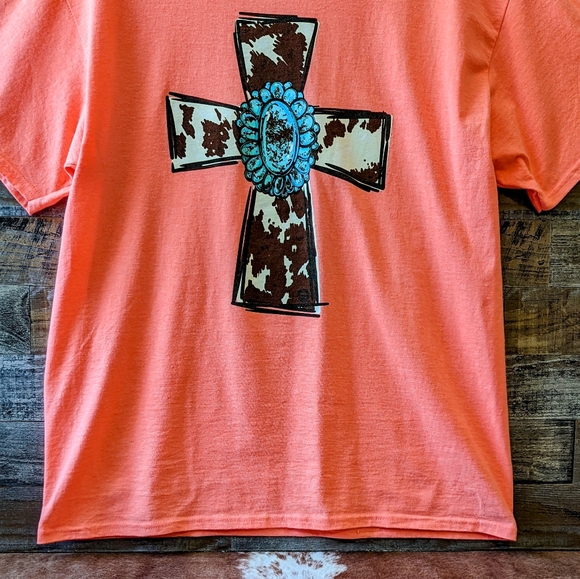 Girlie Girl Originals Coral W/Animal Print Screen print Cross Tee - Picture 4 of 12